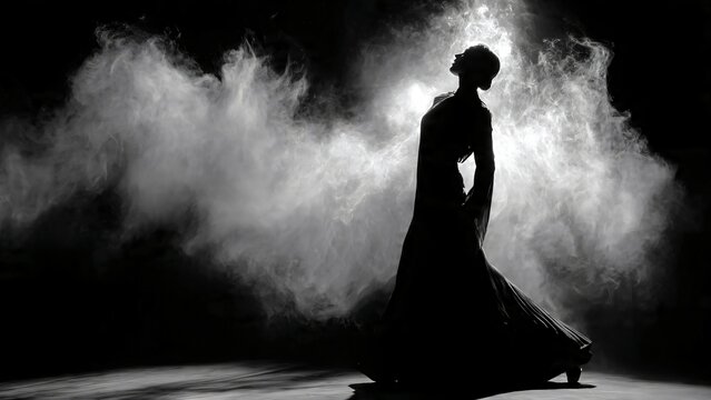 Silhouette of a flamenco dancer performing against swirling white smoke