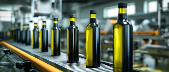 Tall, dark bottles of olive oil travel smoothly on a conveyor belt in a bustling production plant, illuminated by warm daylight and showcasing artisanal quality