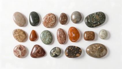 Obraz premium various pebbles displaying a range of shapes and textures, presented neatly