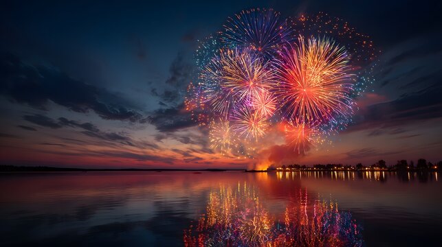 Spectacular fireworks explode in red and blue over a dark lake with reflections, creating a cinematic celebratory event under a starry night.