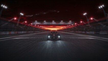 race car speeding along a racetrack at dusk, with bright lights illuminating the scene, creating a sense of speed and excitement