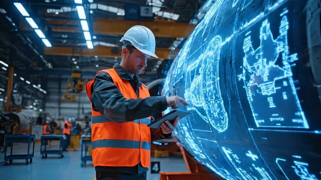 Engineer analyzes holographic jet engine in aerospace hangar. Worker with tablet inspects engine blueprint hologram in factory. Engineer touches holographic engine display in manufacturing plant.