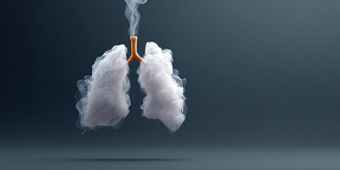 illustration of human lungs made of white smoke with an orange trachea.