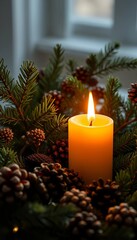 Candle flickers softly amidst evergreen boughs and pinecones, casting a warm, inviting ambiance,  warm,  traditional
