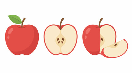 Red Apple Vector Set Showing Whole, Halved, and Sliced Fruit with Leaf for Educational, Healthy Eating, and Food Preparation Graphic Illustration Use