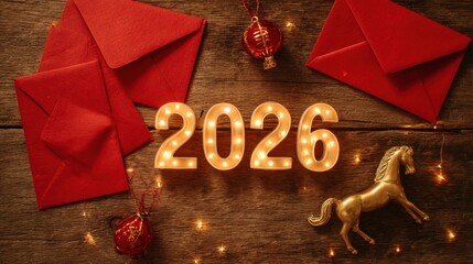 Festive Christmas Decorations with Red Envelopes and Golden Horse and Number 2026 on Wooden Surface