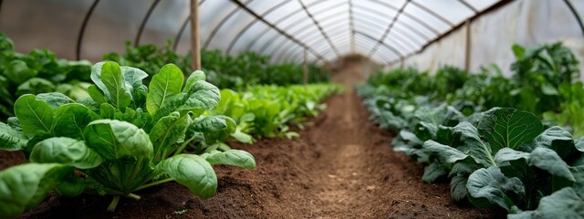 A greenhouse filled with plants including lettuce and spinach