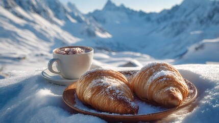 Warm hot chocolate with whipped cream and two sugared croissants sitting on a snowy surface, creating a cozy atmosphere with a backdrop of an alpine mountain range under a bright sky