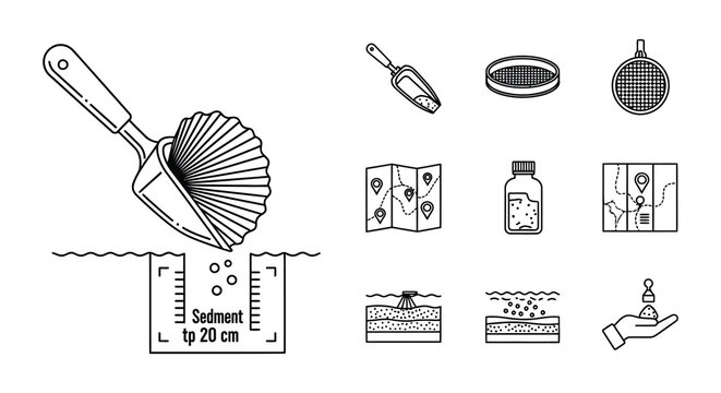 Illustrative collection of tools and processes related to sediment and soil analysis