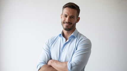 A man in a blue shirt is smiling and posing for a picture