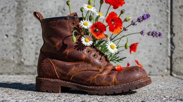 Worn Combat Boot Filled with Wildflowers and Falling Petals on Concrete