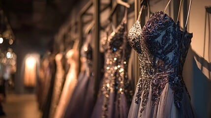 Obraz premium Sequin evening gowns displaying luxury fashion and formal wear on hangers in a dimly lit boutique, showcasing elegance and preparation for a gala event