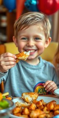 A delighted youngster relishes a piece of chicken during a home party meal ,  home,  lunch