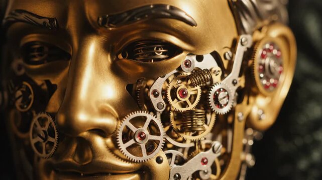 Close Up of Clockwork Man Face with Intricate Brass Gears 3D Render