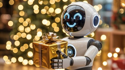 A robot is holding a gold wrapped gift