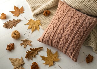 Knitted Pillow And Dried Leaves Cozy Neutral Home Decor