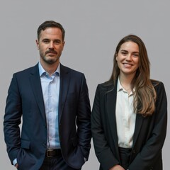 Two people in suits, one smiling and the other looking serious