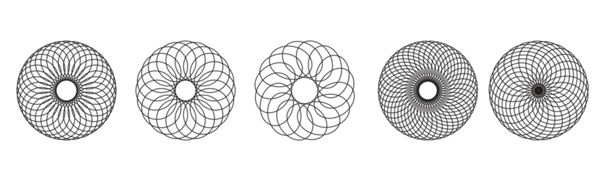 Black mandala line art pattern set on clean white background for graphic design.