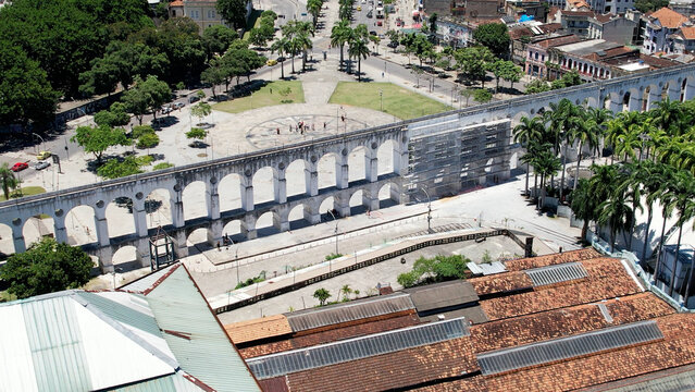 Bows Of Lapa In Rio De Janeiro Brazil. Aerial Landscape Of Famous Statue In A Natural Scenery. Town Sky Clouds Backgrounds Urban. Town Panorama. Rio de Janeiro Brazil.