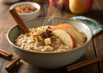 Oatmeal Bowl With Apple Slices And Cinnamon Cozy Breakfast