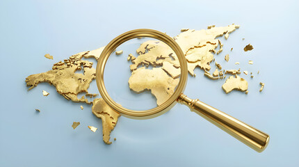 gold-colored magnifying glass focuses on a gold map of the world with the continents fragmented and scattered on a light blue background.