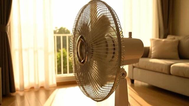 Electric Fan &mdash; Oscillating standing fan spinning in bright room, summer cooling footage