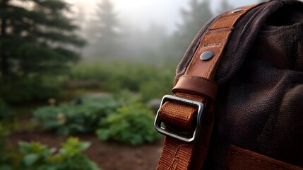 A close up of a weathered backpack strap and buckle with a misty forest landscape in the background during early morning
