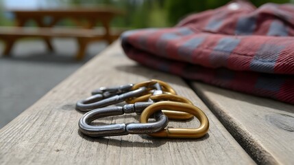 Linked carabiners and plaid fabric rest on a weathered wooden picnic table in an outdoor setting