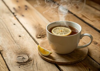 Steaming Tea Cup With Lemon Rustic Wooden Cottage Style