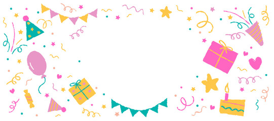 Cute crayon style colorful party frame with gifts, balloons and confetti, isolated. Festive hand drawn doodle border with empty space for text or message. Fun birthday illustration for kids. © Liusia Voloshka