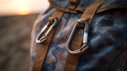 A close up of a weathered camouflage backpack with carabiners attached set against a blurred dawn landscape