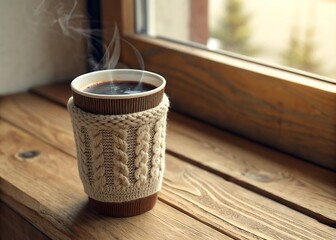 Warm Cup With Knitted Sleeve On Wooden Table Cozy Winter