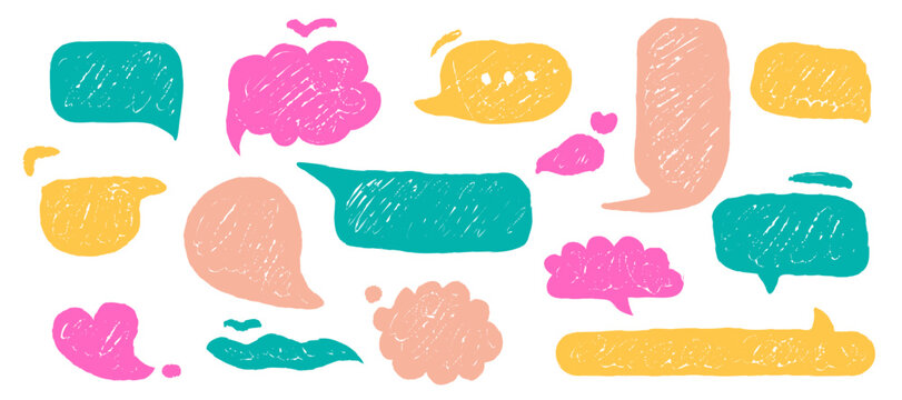 Speech bubble set with pastel texture, hand drawn text frames. Cute crayon doodle comic balloons for dialogue and conversation design. Abstract graphic illustration for labels, stickers, message.