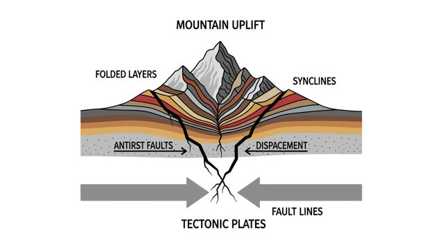Illustration of geological deposits and mountain uplift with tectonic plates and fault lines.