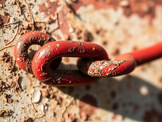 Rusty red chain close up, flaking paint, aged metal texture,  thick,  weathered
