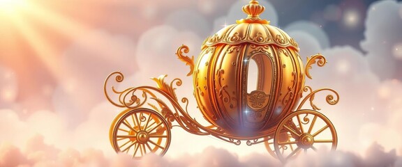 Ornate golden pumpkin-shaped carriage, intricately designed with sparkling accents, bathed in soft magical light against a dreamy backdrop,  magic,  classical