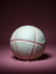 Muted rose and sky blue tones embrace the stitched panels of a forgotten ball, hinting at slumbering energy,  stitched panels,  forgotten