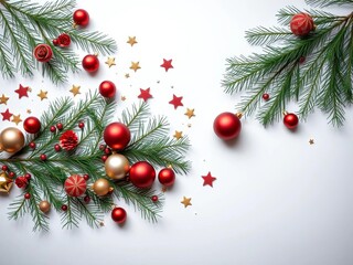 Festive arrangement of scattered ornaments and pine needles on a white surface, artfully composed,  ornamental,  abstract