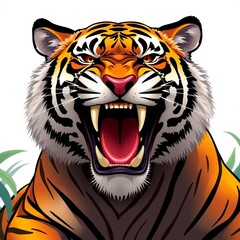 Enraged tiger illustration, isolated vector graphic of a striped jungle predator with bared teeth,  threat,  rainforest