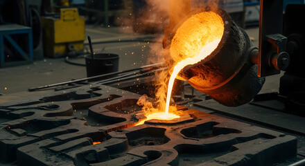 Industrial Metal Foundry Pouring Molten Metal.