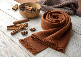 Wool Scarf Rolled With Dried Cinnamon Warm Seasonal Styling