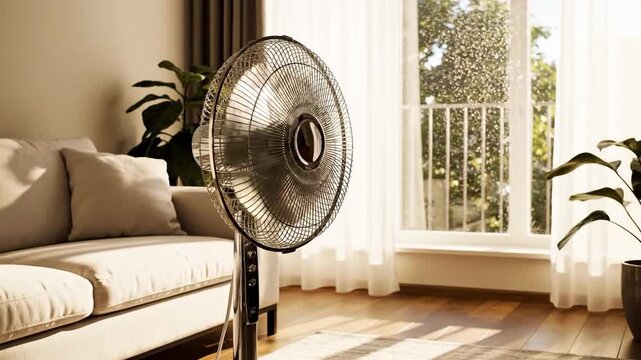 Electric Fan &mdash; Oscillating standing fan spinning in bright room, summer cooling footage