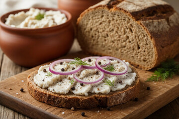 Delicious slice of rye bread with lard, red onion, and dill on a wooden board