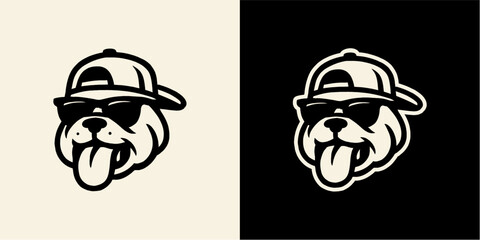 Cool Bulldog Wearing Sunglasses and Baseball Cap with Tongue Out.