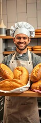 Baker proudly displays fresh bread in a warm kitchen setting, baking,  food styling