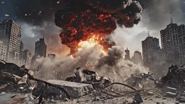 A massive explosion destroys a city in a warzone. Cinematic VFX animation of a post-apocalyptic disaster with fire, smoke, and debris. Armageddon and destruction concept.