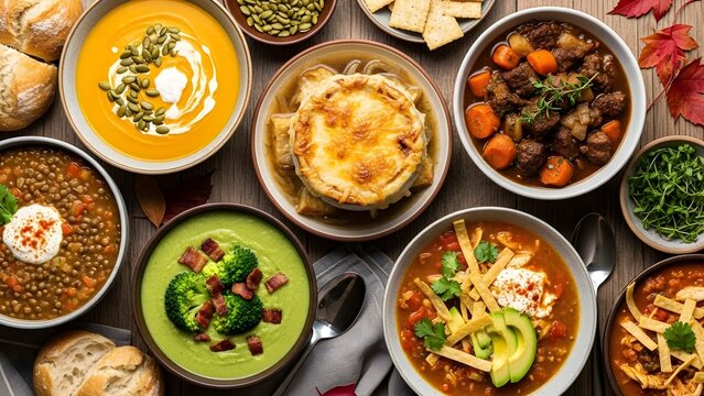 Variety of soups on a table