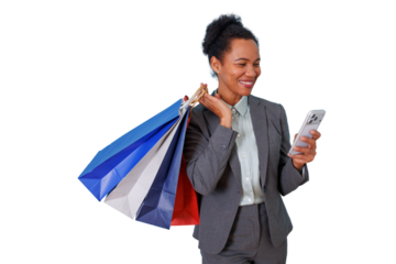 Happy businesswoman shopping, carrying colorful bags, checking mobile phone, enjoying retail therapy and online deals
