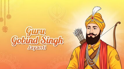 Obraz premium Illustration of Guru Gobind Singh with Bow and Arrow on Festive Background