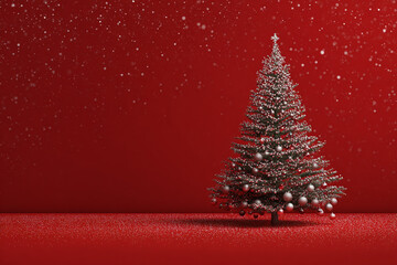 Decorated Christmas tree with sparkling ornaments and falling snow on a red background